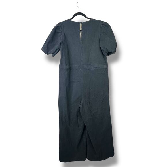 ASOS Design Soft Black Denim V-Neck Puff Sleeve Tie Waist Wide Leg Jumpsuit - Picture 6 of 8